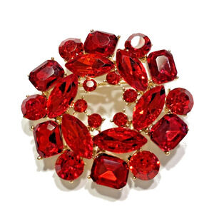 Red Rhinestone Wreath Brooch Gold Circle Statement Pin Classic Mid Century Look